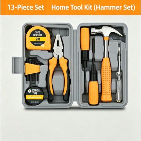 Kit d'outils de réparation domestique avec boîte de rangement, marteau, pinces, tournevis, mètre ruban inclus, outils portables DIY pour entretien maison et cadeau (1/4)