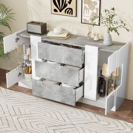 Credenza con 2 Ante e 3 Cassetti, LED 16 Colori con App, Bianco Lucido e Effetto Marmo Grigio, MDF, 140×35×75 cm (1/5)