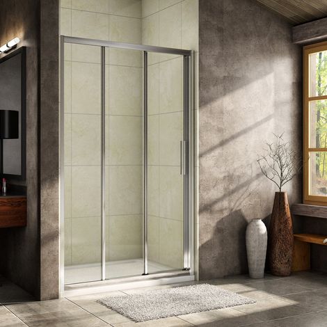 Porte de douche coulissante verre trempé clair Ep.6mm - 140x195cm - 3 volets - Chromé - Réversible - Installer en niche (1/5)