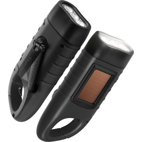 Lot de 2 lampes de poche à énergie solaire à manivelle rechargeable LED lampe de poche d\'urgence torche de survie mousqueton à dégagement rapide torche dynamo pour sports de plein air noir noir (1/5)