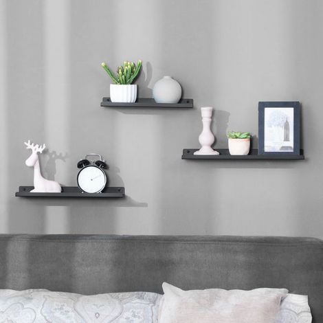 Étagères murales en métal, Lot de 3, Tablettes flottantes, Style Industriel, pour décorations, Cadres Photos, bibelots, 6 vis incluses, agencements Multiples, Noir LFS12BK (1/5)