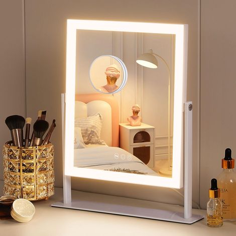 Miroir Maquillage Lumineux éclairage réglable 3 Couleurs 25x30cm Miroir Coiffeuse avec commande tactile intelligente grossissement x10 rotation à 360° fonction mémoire,Blanc (1/5)