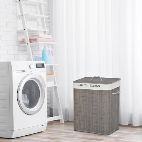 Cesto para ropa de bambú gris 100 L con 2 compartimentos, tapa plegable y bolsa extraíble lavable (1/5)