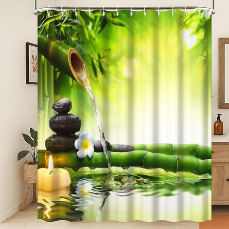 Spa Rideau de Douche 3D Paysage de Jardin Zen Rideau de Salle de Bain Bambou Vert Floral printanier Pierre Noire Fleur Blanche Rideau de Douche imperméable et Lavable en Machine 120x180cm (1/5)