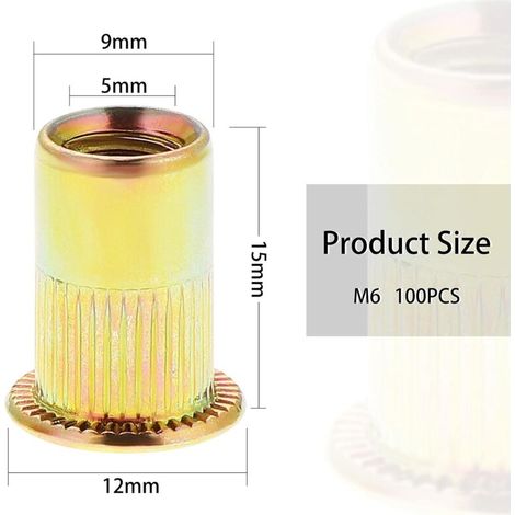 100 Pièces Écrou à Rivet M6 Fileté à Tête Plate, Écrous à Riveter Fileter en Acier au Carbone Zingué, Assortiment M6 Rivet Inserts Filetés pour Métal Plastique (12 mm x 15 mm) (1/3)