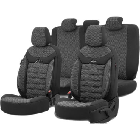 Komplett-Set Luxus-Sitzbezüge OTOM, Textil mit Kunstleder, SPORT LINE-Design – Schwarz mit schwarzer Naht, für vordere und hinte