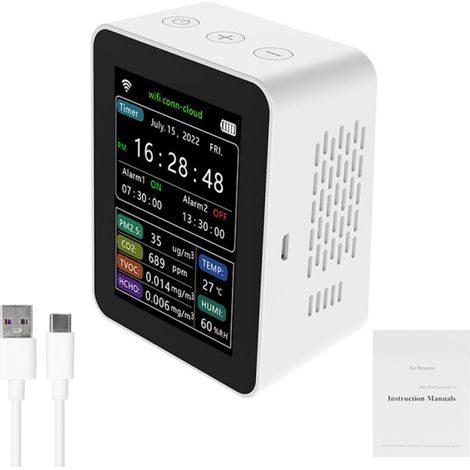 Détecteur qualité air Tuya WiFi 6 en 1 – PM2.5 CO2 TVOC HCHO température humidité, écran date/heure, alarme (1/5)