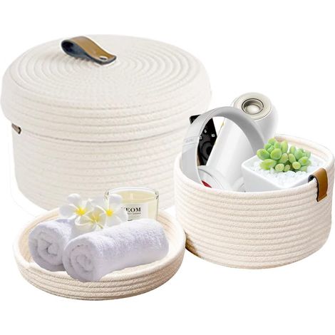 Panier Rangement 2 Pièces Panier de Rangement avec Couvercle Corde de Coton Tissé Panier Décoratif Lavable Jouet Boîte de Rangement Étiquette en Cuir Poignée Blanc 30X17cm/25X13.5cm)
