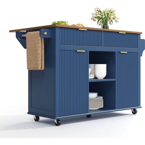 Küchenwagen mit Rollen, 2 Türen, 2 Schubladen und Klappbarer Arbeitsplatte, MDF, 143 x 45 x 89.5 cm, Blau Braun (1/5)