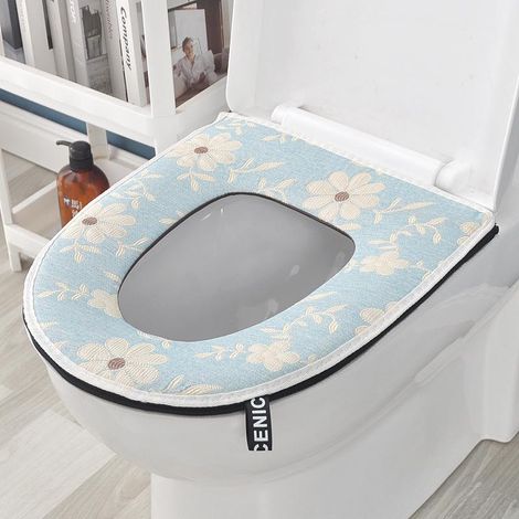 1 Abattant de toilette imperméable pour usage domestique (fleurs bleues en relief), abattant universel avec fermeture éclair, coussin chauffant, compatible avec la plupart des toilettes (sans autocoll (1/4)