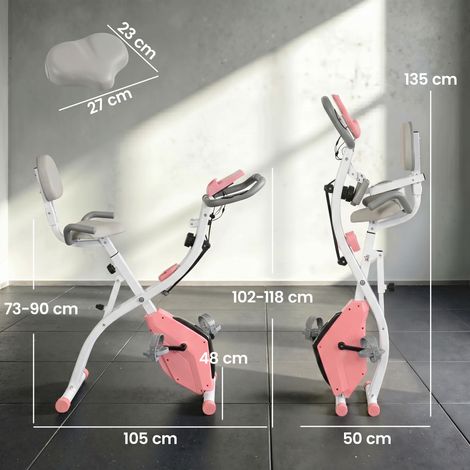 Vélo d'appartement pliable 2 en 1, résistance magnétique réglable sur 8 niveaux, capteur de fréquence cardiaque, bracelet, écran LCD, silencieux, avec volant d'inertie de 2,5 kg, rose (1/5)