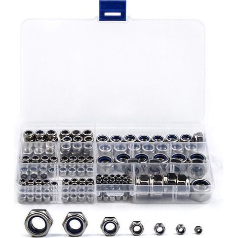 170 piezas, Tuercas de seguridad, Tuercas autoblocantes, Tuercas de seguridad de nailon, M3/M4/M5/M6/M8/M10/M12, Acero inoxidable, Plata (1/5)