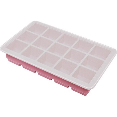 Moule à glaçons carré et empilable en silicone souple (15 compartiments, rose), grand format, avec couvercle. (1/5)