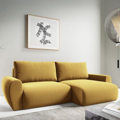 Sofá Cama con Chaise Longue Paullo, Almacenaje, Reversible, Reclinable, 253x153 cm Amarillo (1/5)