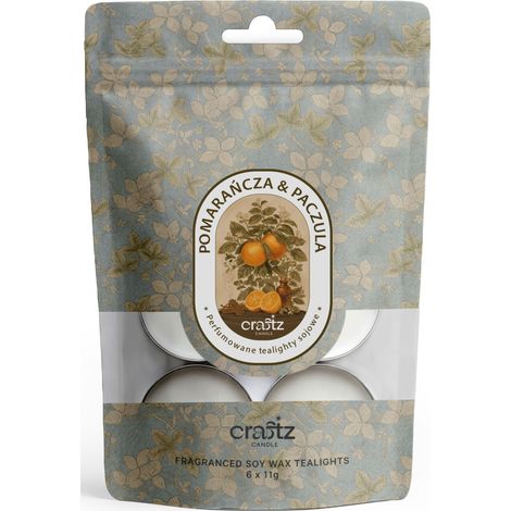 Soja-Teelichter mit Orangen- und Patschuli-Duft, 6 Stück.