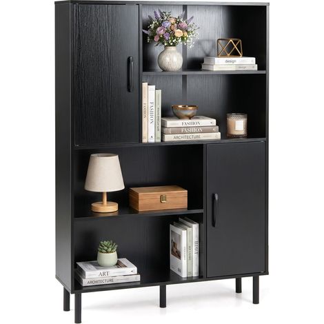 COSTWAY Credenza Mobile da Cucina, Libreria Verticale in Legno con 2 Ante, 4 Ripiani Aperti e 5 Gambe in Metallo, Mobile Dispensa Moderno per Soggiorno, Studio e Ufficio, 80 x 24 x 119,5 cm (Nero) (1/5)