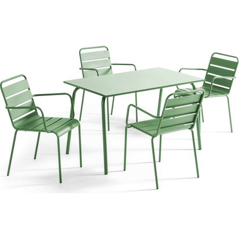 Ensemble table de jardin et 4 fauteuils en métal vert cactus - Palavas (1/5)