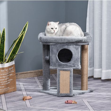 Arbre à chat 57 cm avec niche plateforme gris clair HAVRYA (1/4)