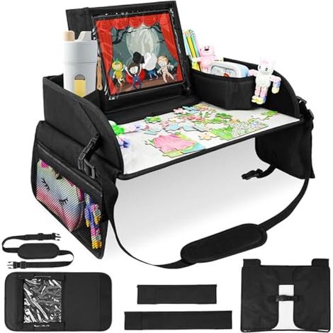 Tableau de voyage, plateau pour siège auto, plateau pour avion et road trips, table plateau multifonction avec ardoise effaçable, sangles réglables anti-secousses, noir