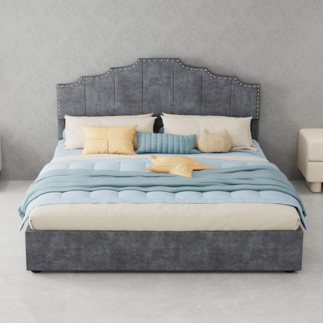 AS EASY Modern minimalist soft bed, comfortable and soft headboard, 160200CM, gray, multifunctional bedroom furniture, high box bed body with pneumatic rod, does not include mattress. (1/5)