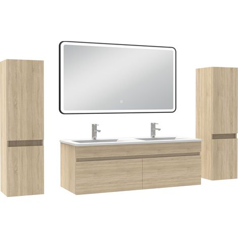 Ocean Meuble double vasque chêne wotan 120cm avec colonne + miroir 3 couleurs + dimmable