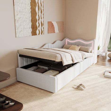 Lit 90x200cm avec rangement, canapé-lit, lit simple capitonné à sommier à lattes, lit enfant hydraulique, lit coffre avec tête de lit ondulée, sommier tapissier, polaire blanche (1/5)
