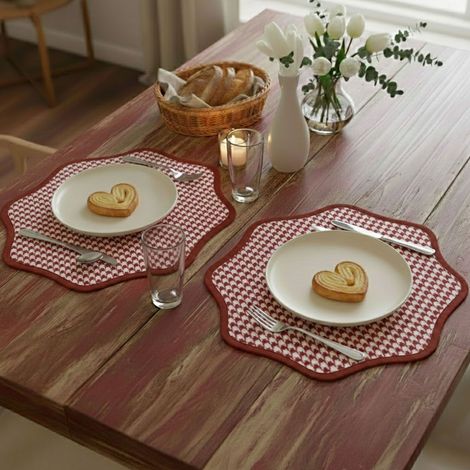 Set de 2 Manteles Individuales Tim, Borde Ondulado, Diseño Pied de Poule, Lavable, Hecho en Italia, 40x40 cm, Rojo (1/4)