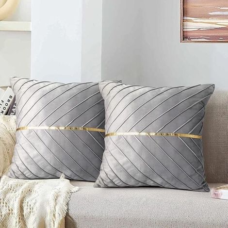 Housse de Coussin Velours Gris Taie d'oreiller Carré Doré Décoratifs Salon 45x45 cm Doux Canapé Fermeture éclair Cachée Luxueux pour Chaise Intérieure Lit Maison Chambre Ensemble de 2 (1/4)