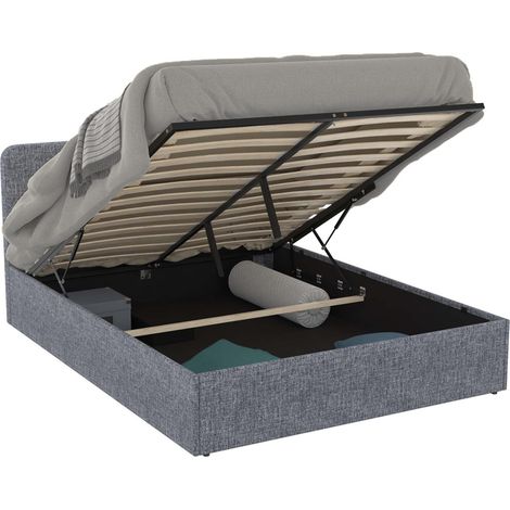 Idmarket – Lit coffre double 140 x 190 cm – Tête de lit arrondie en tissu gris anthracite – Sommier relevable avec grand coffre de rangement (1/5)