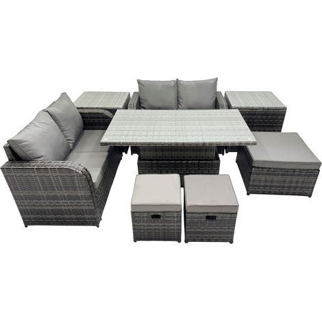 Fimous 7-seater Patio Height Adjustable Rising Lifting Table Sofa Sets Rattan Garden Furniture Dining Set with 2 Side Table 3 Stools Dark Grey Mixed (1/5)