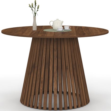 Runder Esstisch CARMEN 6 Personen Fuß aus Nussbaumlatten und Tischplatte aus Nussbaum 110 cm