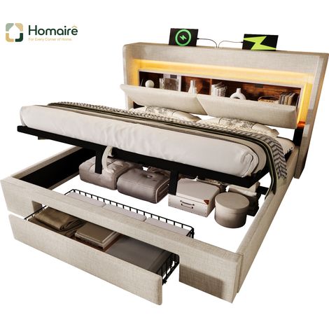 Cadre de lit beige avec rangement et port USB en tissu 219 x 151 x 111 cm HOMAIRE (1/5)