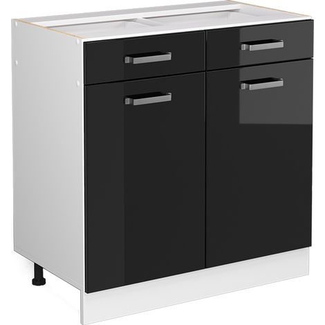 Meuble bas universel R-Line, Noir Haute brillance, 80 cm avec tiroirs et portes, sans plan de travail, Vicco