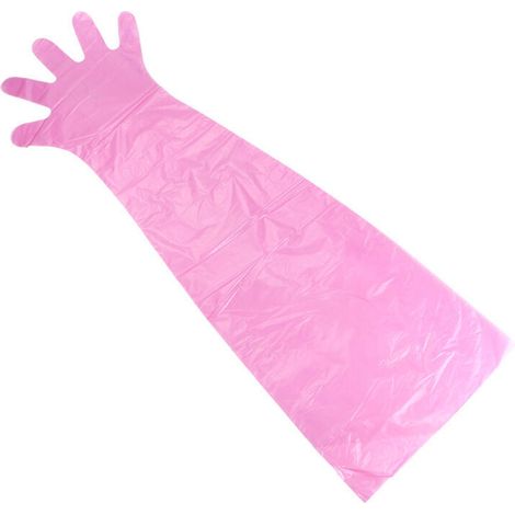 Lot de 50 gants jetables en plastique à bras longs pour examen vétérinaire des animaux de la ferme (rouge) (1/3)