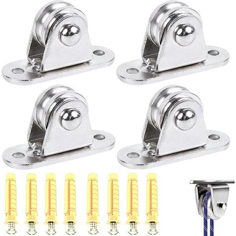 4 pulegge con gancio di sollevamento, pulegge con doppio cuscinetto, pulegge in acciaio inox, pulegge piccole, pulegge per funi da 3-6 mm con 8 viti (1/5)