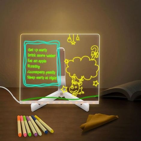 Tableau mémo lumineux LED 20x20 cm – 7 stylos, support – Acrylique effaçable – Bureau, maison (1/4)