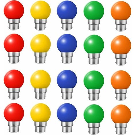 Packung mit 20 LED-Farbbirnen B22 Bajonettbirnen 2 W Rot, Gelb, Orange, Grün, Blau, Unzerbrechlich (entspricht 20 W) (1/5)