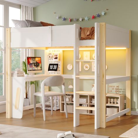 Lit mezzanine enfant 140x200 cm 2 places, lit double avec bureau intégré, panneau perforé, LED réglable, garde-corps, pin et MDF, blanc et naturel (1/5)