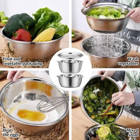 Bacinella multifunzionale in acciaio inox tedesco, bacinella multifunzionale in acciaio inox migliorato, set scolapasta, centrifuga per insalata, frutta, verdura, riso, cesto per il lavaggio (1/4)