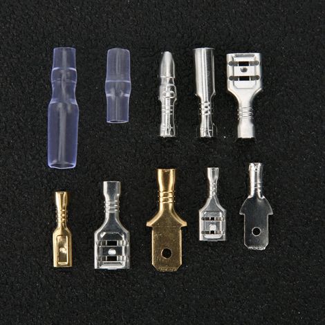 150 cosses à sertir à froid 2,8/4,8/6,3/4 mm, or et argent, coffret bicolore. (1/5)