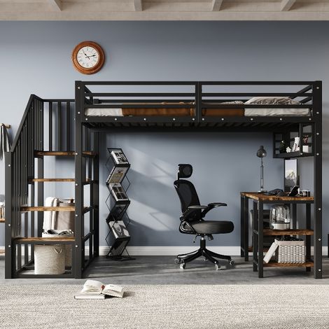 Hochbett 120x200cm mit Schreibtisch und Treppe, stabiles Eisenbett mit Aufbewahrungsregal und Lattenrost, Metallbett Schwarz, 257x124x160cm (1/5)