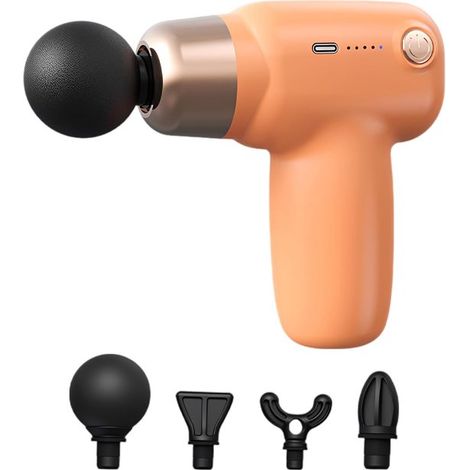 Pistola massaggiante ultra-mini, arancione, per massaggio profondo dei tessuti muscolari, per il rilassamento di tutto il corpo, massaggiatore portatile con 4 indicatori di velocità. (1/5)