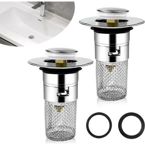 2 Stück Waschbeckenabfluss, Waschbeckenabfluss mit abnehmbarem Filter 33–40 mm, universeller Pop-Up-Badezimmer-Waschbeckenstopfen, Edelstahl-Bodenablauffilter für Bad, Küche (1/5)