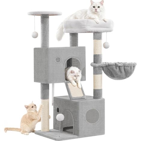 Arbre à Chat 108 cm, Tour de Jeux pour Chats d'Intérieur, Arbre à Grimper avec Griffoirs, Niches, Perchoirs, Balles en Peluche, Panier pour Chat, Planche à Griffer, Gris Clair (1/5)