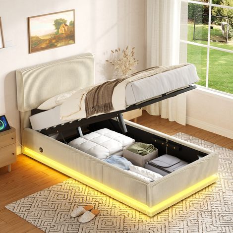 Cama tapizada de pana beige 90x200 cm con LED, USB-C, cabecero ajustable y somier de láminas (1/5)