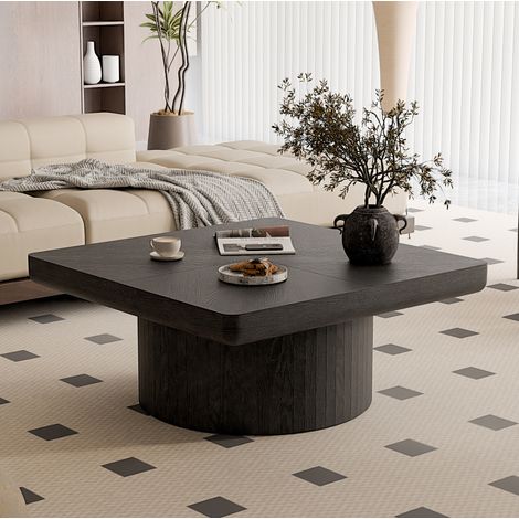 Table basse carrée en bois massif et MDF noir, plateau 78 cm, épaisseur 8 cm (1/5)