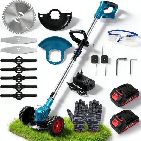 Debroussailleuse Electrique sans Fil, Coupe Bordure sans Fil avec 2 Batteries 1.5 Ah, Debrouissalleuses Batterie avec Tete Pivotante 90°, Poignee Telescopique, 4 Types De Lames pour Couper l'herbe (1/5)