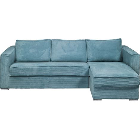 Canapé d'angle convertible express et réversible en velours côtelé bleu turquoise - Couchage 160 cm - Matelas 18 cm LORETO (1/4)