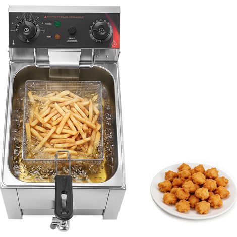 Mophorn Freidora Eléctrica Comercial de 1 Tanque 6,8 L 2500 W, Fabricada en Acero Inoxidable con Cesta y Tapa, Temperatura Regulable de 60-200 °C para Preparar Aros de Cebolla, Pollo y Papas Fritas (1/5)