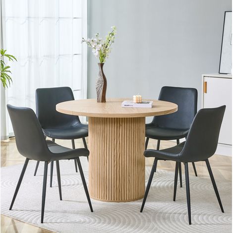 Juego de comedor redondo (100x100x76 cm), 1 mesa y 4 sillas, tablero de 4 segmentos, MDF, metal, PU, negro y madera natural (1/5)